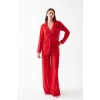 Kadın Kırmızı Şeffaf Jakar Düğmeli Pijama Takımı