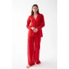 Kadın Kırmızı Şeffaf Jakar Düğmeli Pijama Takımı