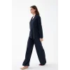 Kadın Lacivert Oversize Saten Pijama Takımı – Rahat Kesim Şık Ev Giyim Seti