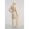 Kadın Bej Kısa Kimono 3’lü Takım Yumuşak Dokulu Şık Rahat Ev Giyim Seti