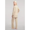 Kadın Bej Kısa Kimono 3’lü Takım Yumuşak Dokulu Şık Rahat Ev Giyim Seti