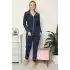 Kadın %100 Pamuk Penye Önden Düğmeli Uzun Kol Pijama Takım Lacivert