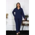 Kadın Büyük Beden Pamuklu Cepli Düğmeli Lacivert Pijama Takım