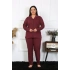 Kadın Büyük Beden Pamuklu Cepli Düğmeli Mürdüm Pijama Takım