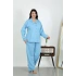 Kadın Büyük Beden Pamuklu Cepli Düğmeli Mavi Pijama Takım