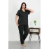 Kadın Büyük Beden Pamuklu Cepli Düğmeli Siyah Pijama Takım