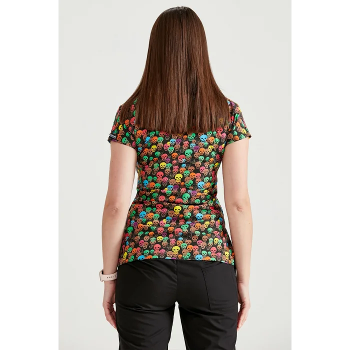 Terikoton Kumaş Renkli Kurukafa Desenli Cerrahi Tek Üst Forma V Yaka