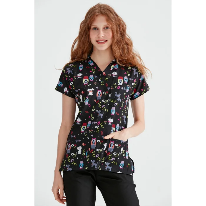 Likralı Siyah Kedi Desenli Tek Üst Hemşire - Doktor Forması