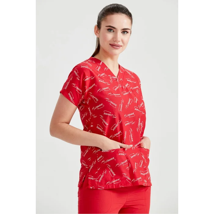 Kırmızı Atatürk Imza Desenli Tek Üst Terikoton Ince Kumaş Dr Greys Kesim Forma