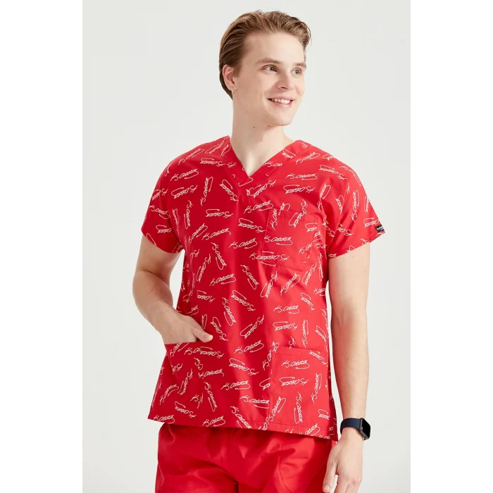 Kırmızı Atatürk Imza Desenli Tek Üst Terikoton Ince Kumaş Dr Greys Kesim Forma