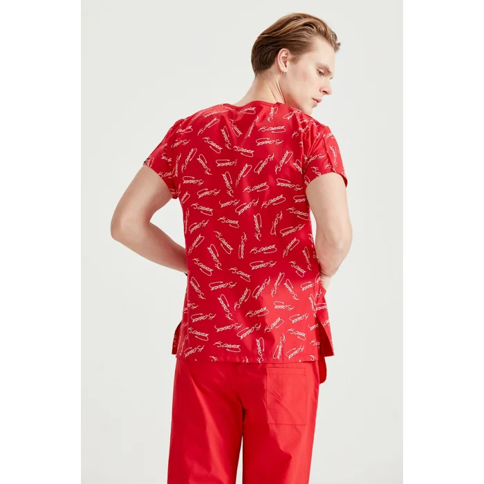 Kırmızı Atatürk Imza Desenli Tek Üst Terikoton Ince Kumaş Dr Greys Kesim Forma