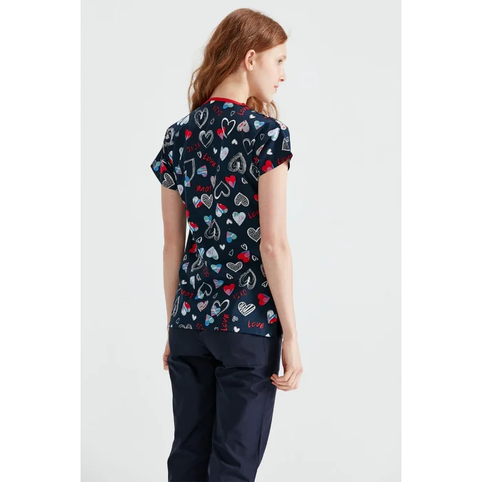 Lacivert Kalp Desenli Likralı Tek Üst Dr Greys Kesim Forma