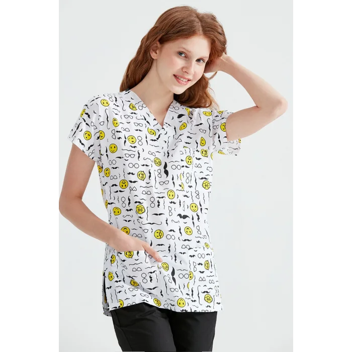 Emoji Desenli Tek Üst Terikoton Ince Kumaş Dr Greys Kesim Forma