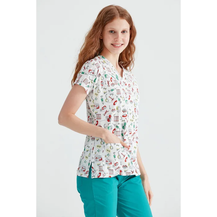 Dr. Greys Kesim Hemşire Forması Enjektör Desenli Likralı Kumaş Tek Üst