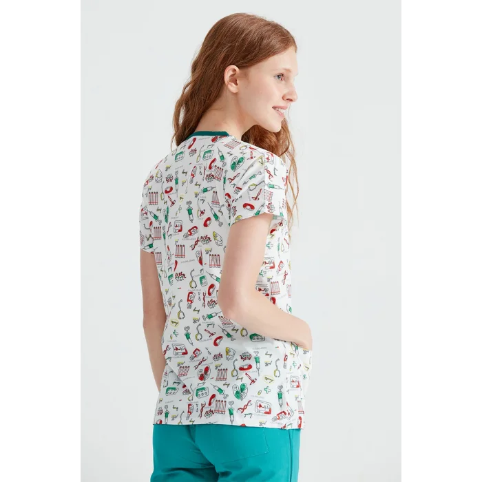 Dr. Greys Kesim Hemşire Forması Enjektör Desenli Likralı Kumaş Tek Üst