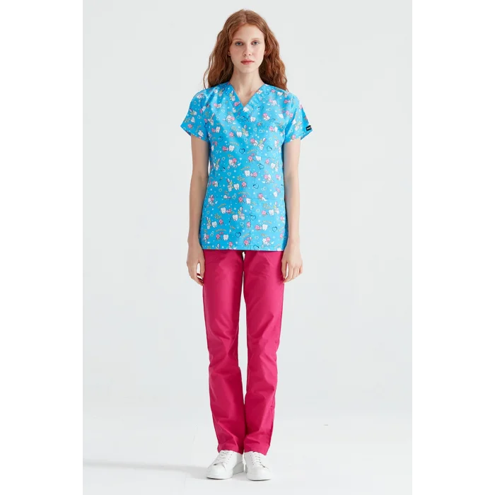 Mavi Diş Desenli Takım Terikoton Ince Kumaş Dr Greys Kesim Forma