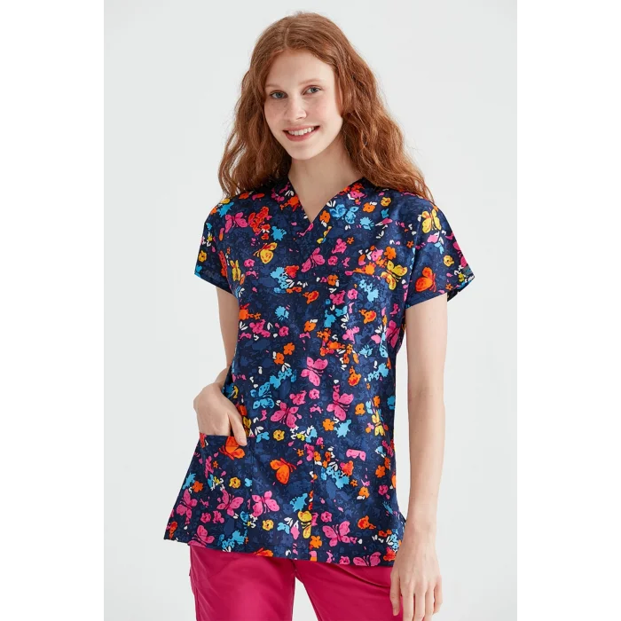 Navy Butterfly Patterned Set made of Thin Cotton Fabric Dr Greys Cut Form