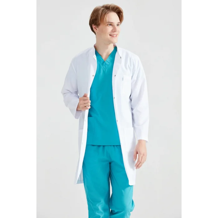 Mens White Long Sleeve Mandarin Collar Long Length Visiting Apron