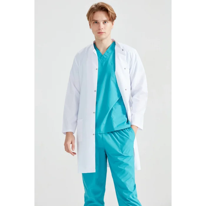 Mens White Long Sleeve Mandarin Collar Long Length Visiting Apron