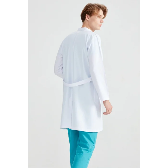Mens White Long Sleeve Mandarin Collar Long Length Visiting Apron