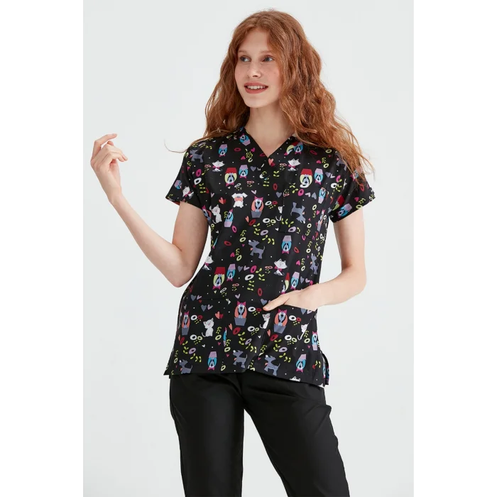 Likralı Siyah Kedi Desenli Takım Forma Dr Greys Kesim