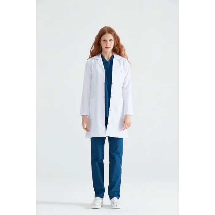 Woman White Long Body Long Sleeve Jacket Collar Apron