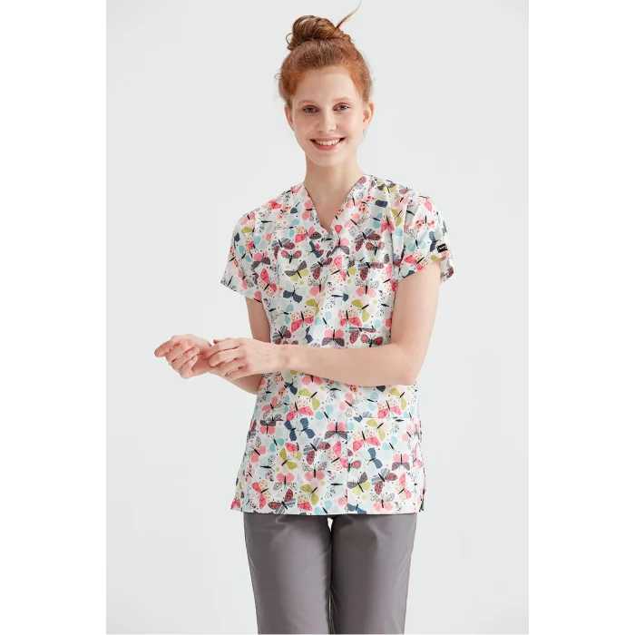 Beyaz Kelebek Desenli Mavi Likralı Kumaş Cerrahi V Yaka Takım