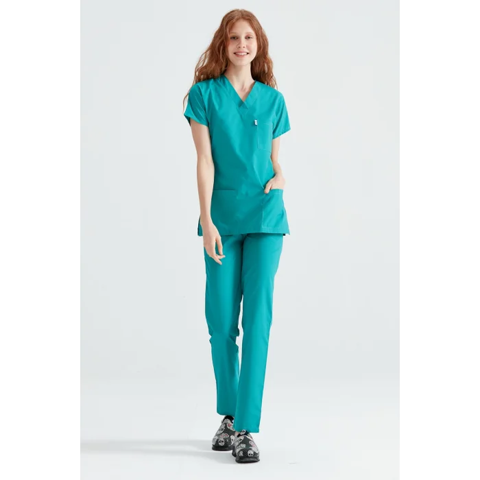 Ameliyathane Yeşili Tek Renkli Likralı Kumaş Cerrahi Takım V Yaka Forma