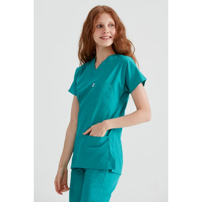Ameliyathane Yeşili Tek Renkli Likralı Kumaş Cerrahi Takım V Yaka Forma