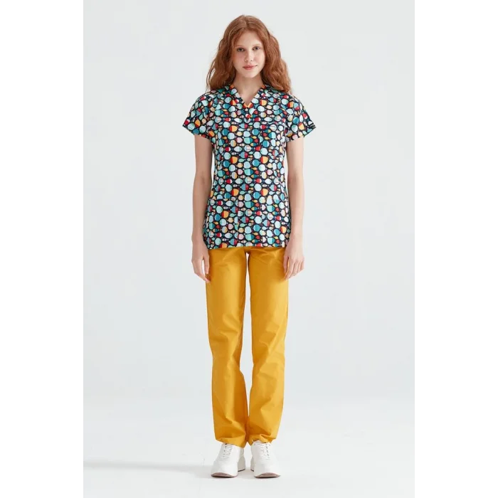 Fish Patterned Surgical Set Lycra Fabric V Neck Uniform