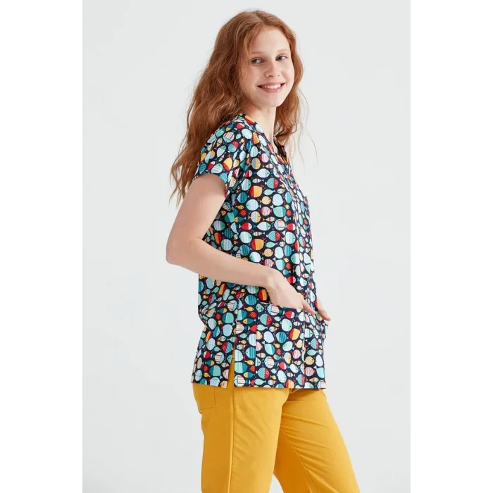 Fish Patterned Surgical Set Lycra Fabric V Neck Uniform