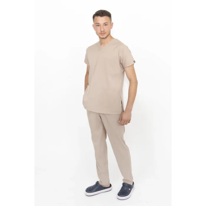 Bej Tek Renkli Likralı Kumaş Cerrahi Takım V Yaka Forma