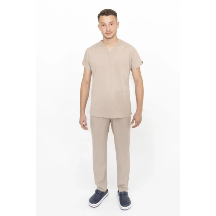 Bej Tek Renkli Likralı Kumaş Cerrahi Takım V Yaka Forma