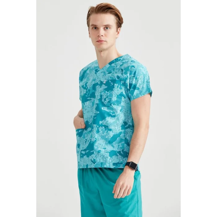 Benetton Kamuflaj Desenli Cerrahi Takım Terikoton İnce Kumaş V Yaka Forma