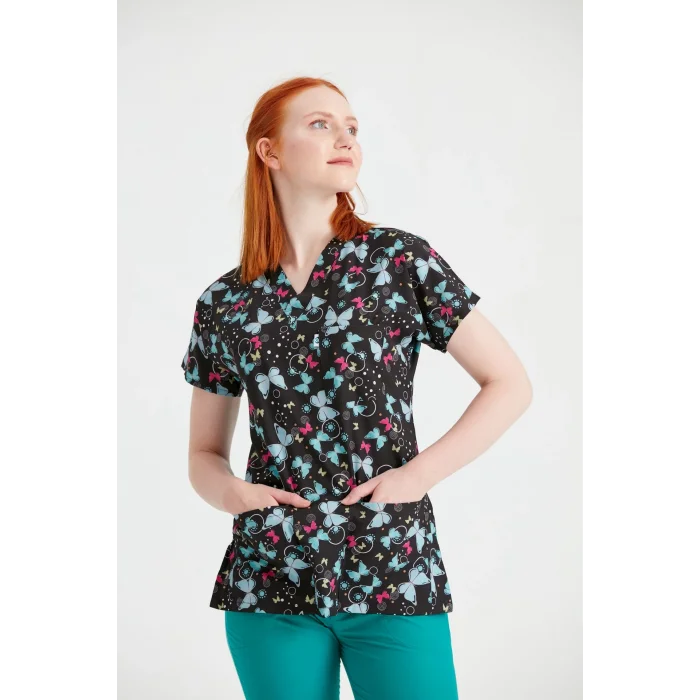 Benetton Yeşili Kelebek Desenli Likra Kumaş V Yaka Cerrahi Takım Forma