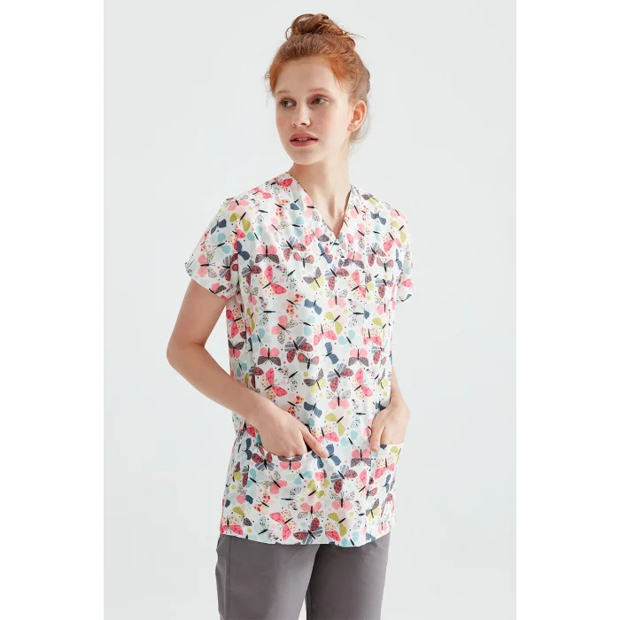 Beyaz Kelebek Desenli Tek Üst Likra Kumaş Dr Greys Kesim