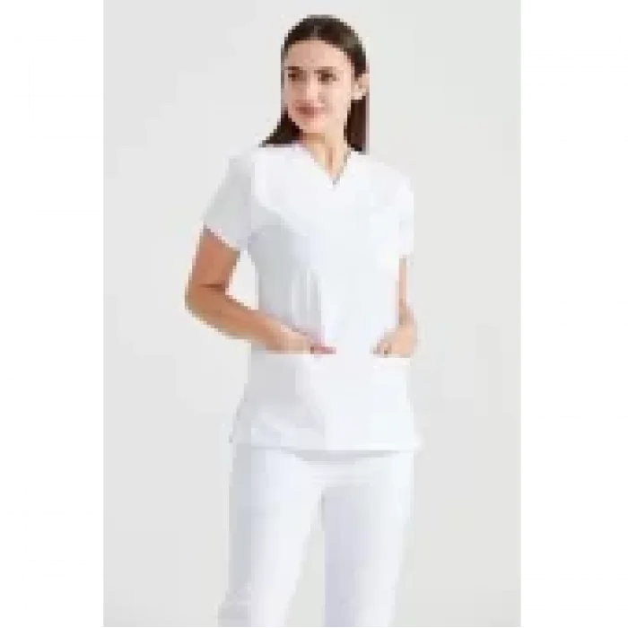 Beyaz Tek Renkli Büyük Beden Likralı Kumaş Cerrahi Takım V Yaka Forma