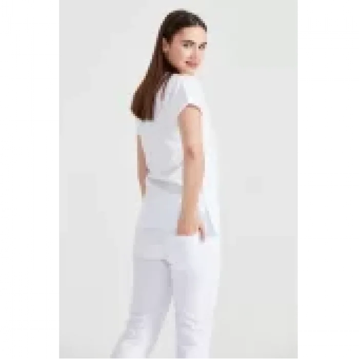 Beyaz Tek Renkli Büyük Beden Likralı Kumaş Cerrahi Takım V Yaka Forma