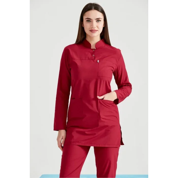 Bordo Cerrahi Tesettür Takım Terikoton Kumaş Hakim Yaka Forma