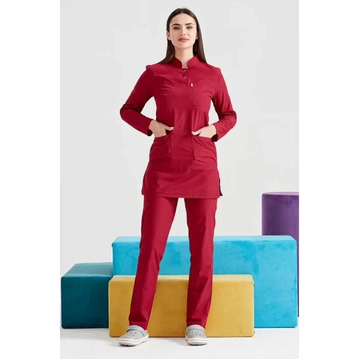 Bordo Cerrahi Tesettür Takım Terikoton Kumaş Hakim Yaka Forma