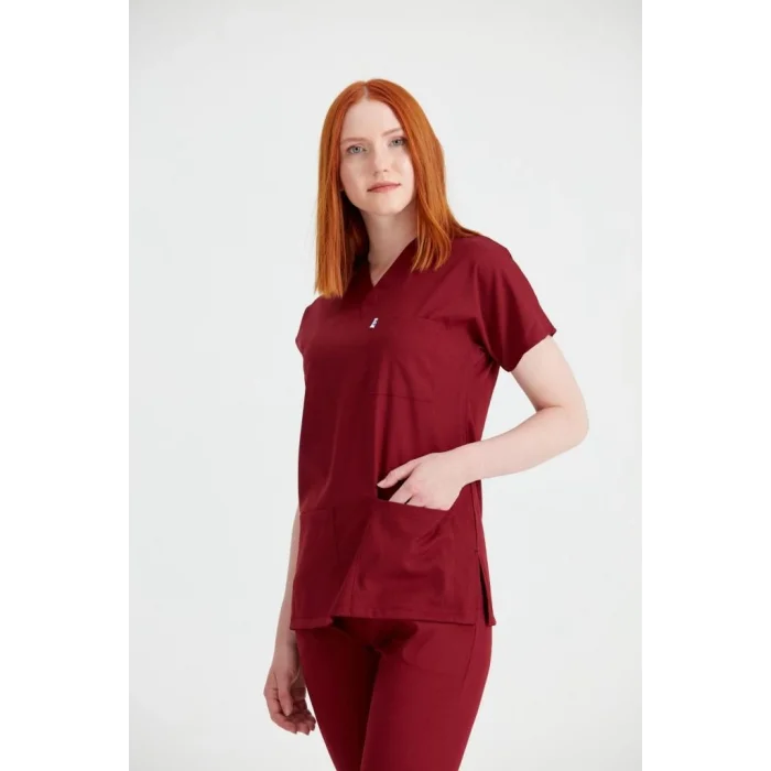 Bordo Tek Renkli Likralı Kumaş Cerrahi Takım V Yaka Forma