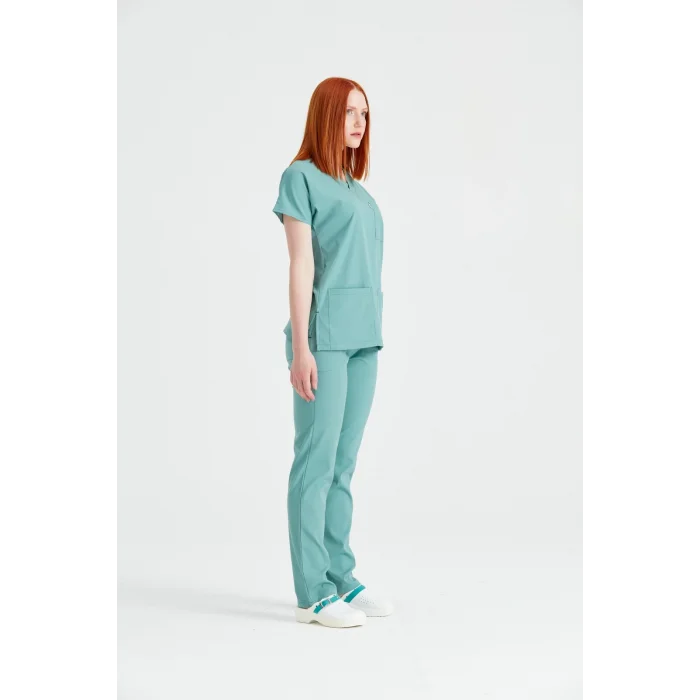 Çağla Yeşili Tek Renkli Büyük Beden Likralı Kumaş Cerrahi Takım V Yaka Forma