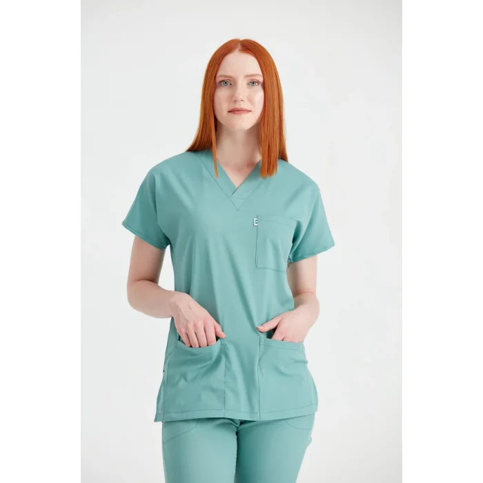 Çağla Yeşili Tek Renkli Büyük Beden Likralı Kumaş Cerrahi Takım V Yaka Forma