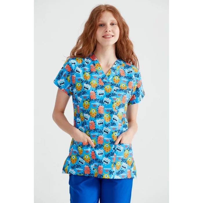 Monster Patterned Surgical Set Terikotton Thin Fabric V-neck Uniform