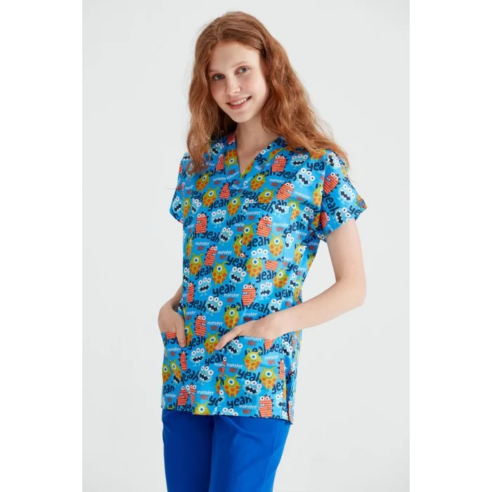 Monster Patterned Surgical Set Terikotton Thin Fabric V-neck Uniform