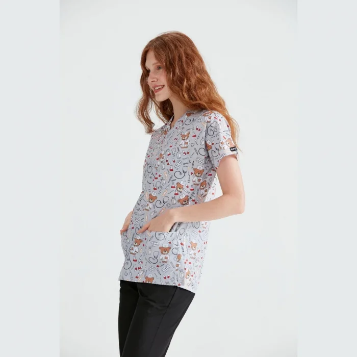 Cerrahi Takım Gri Ayıcık Desenli Tek Üst Terikoton İnce Kumaş Dr Greys Kesim