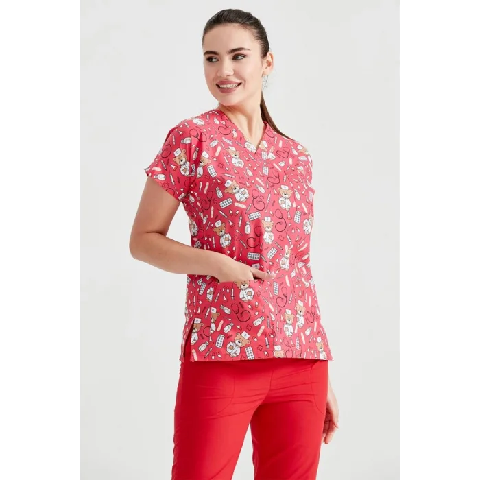 Cerrahi Takım Kırmızı Ayıcık Desenli Tek Üst Terikoton İnce Kumaş Dr Greys Kesim