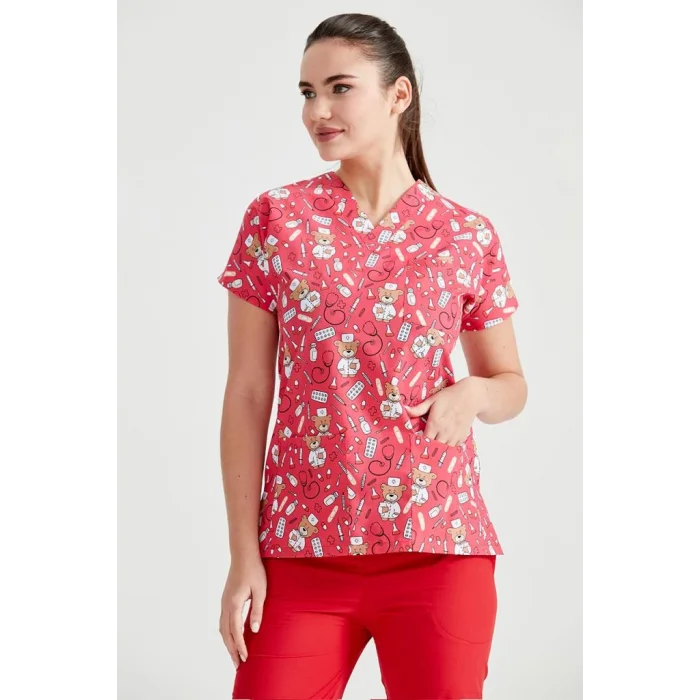 Cerrahi Takım Kırmızı Ayıcık Desenli Tek Üst Terikoton İnce Kumaş Dr Greys Kesim