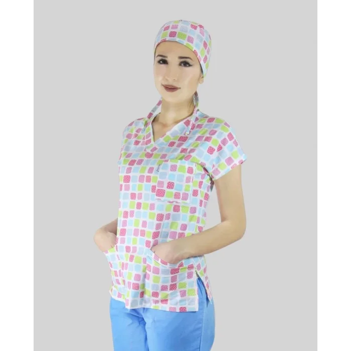 Cerrahi Tek Üst Forma - Kare Desenli