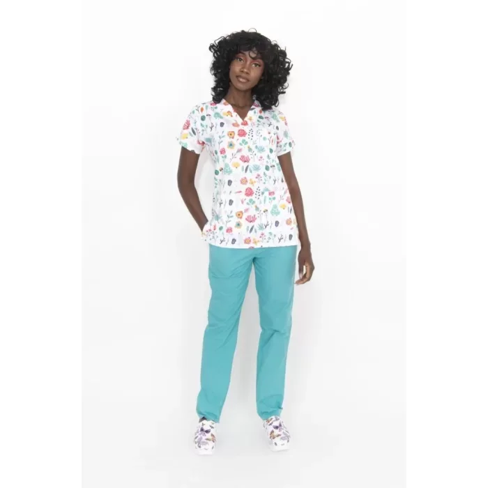 Çiçek Desenli Cerrahi Takım Likralı İnce Kumaş V Yaka Forma